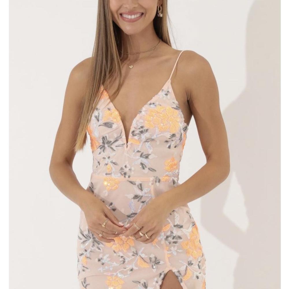 Lucy in the Sky Floral Dress in Orange and Gray